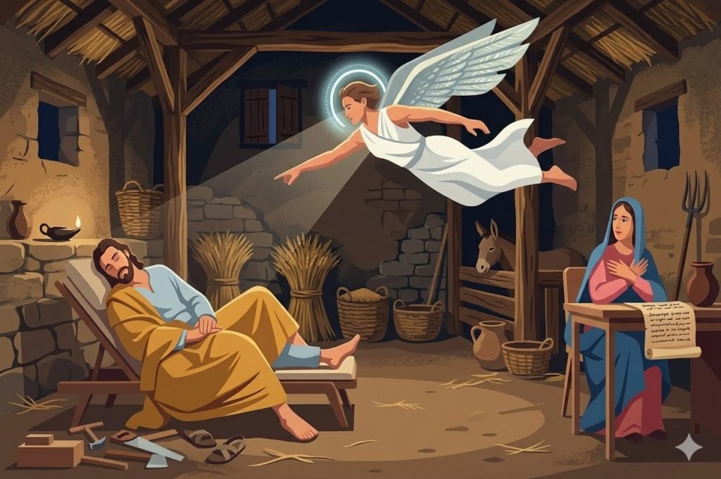 Heiliger Josef Vorbild des Glaubens und Gehorsams - ein Zimmermann hält ein Werkzeug und eine Lilie und blickt zärtlich in den Himmel